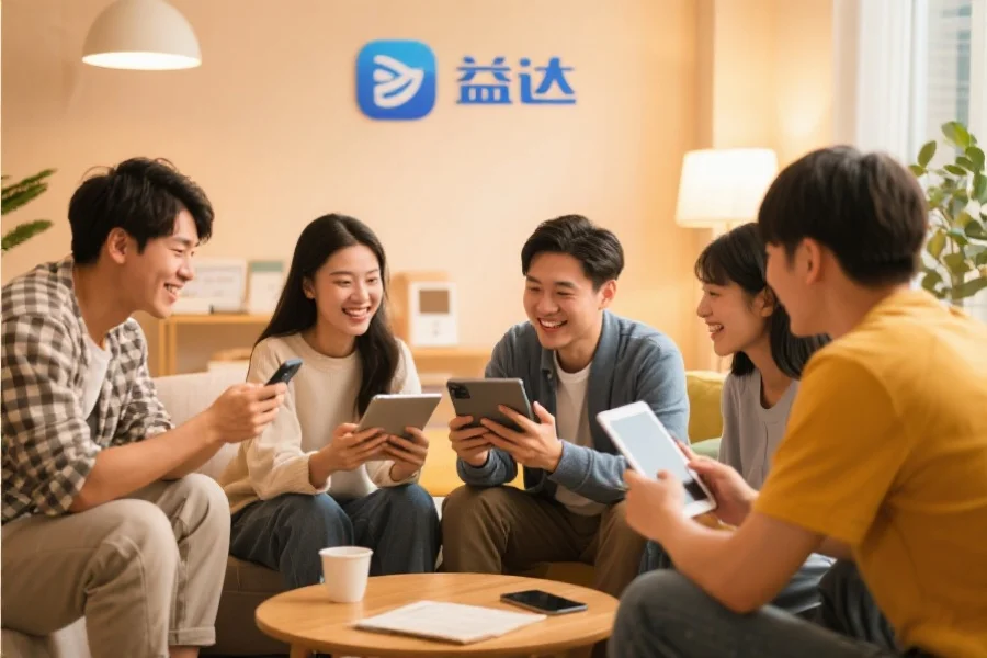 一群年轻用户围坐在一起，使用平板和手机愉快地交流，背景温馨现代，象征众腾应用的社区活跃氛围